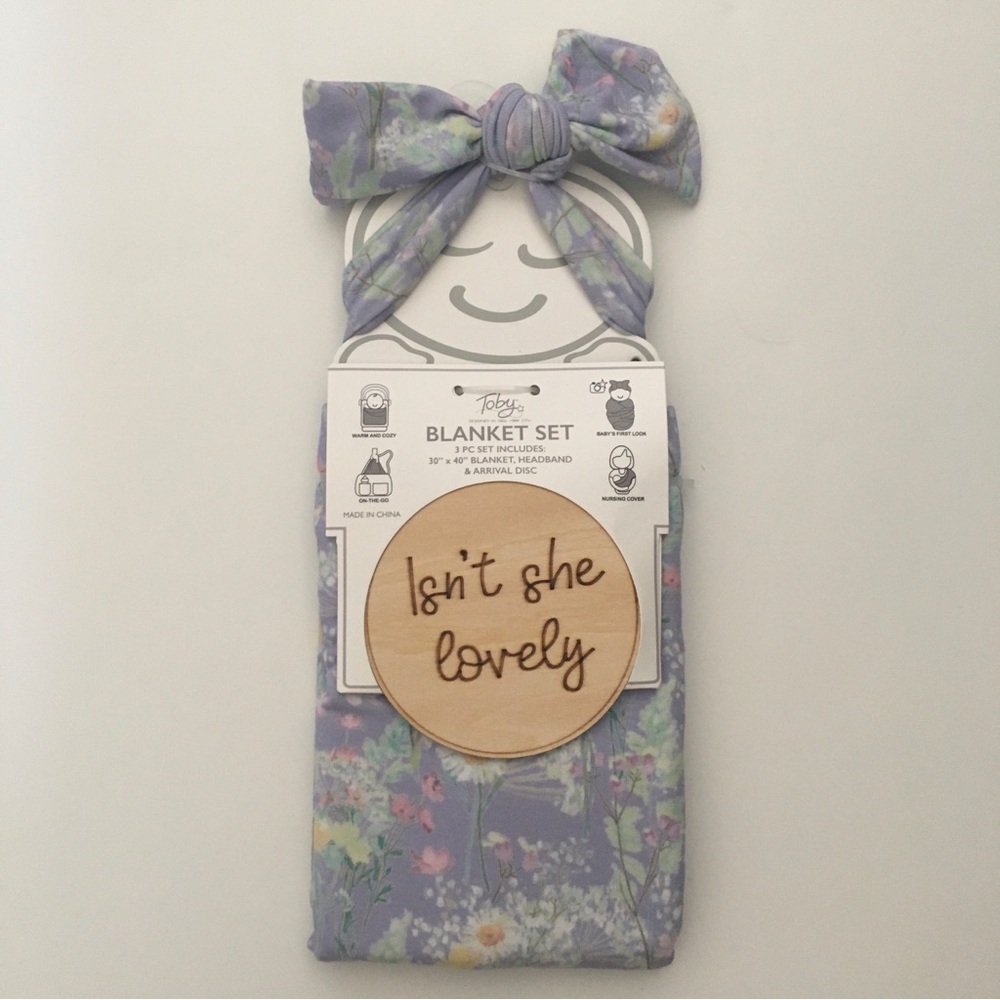 NEW Baby Blanket + Headband “Isn’t She Lovely” Disc Purple Floral Gift Set Toby